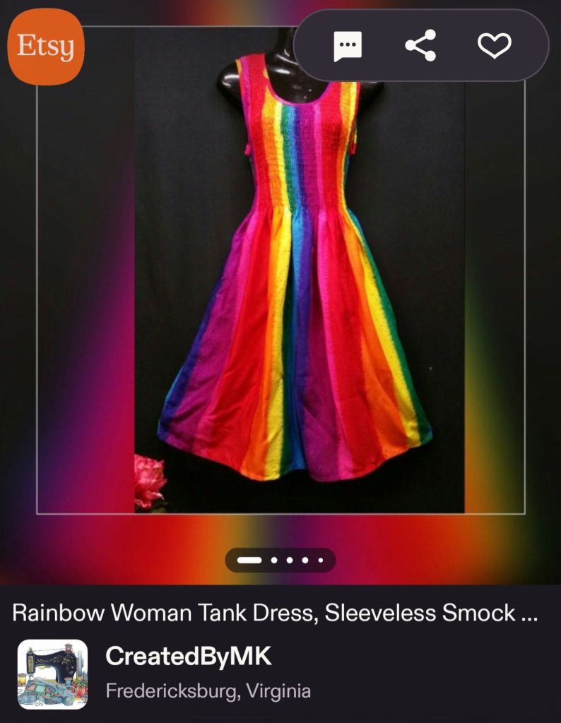 Screenshot of the Etsy account called Created by MK and it's rainbow colored dress.